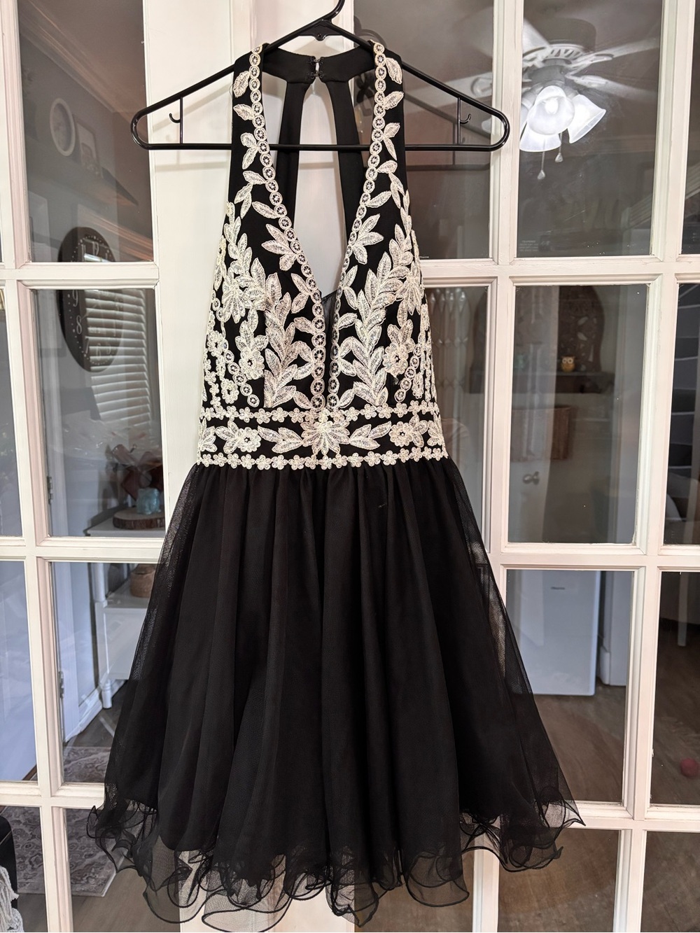Blondie nites by Stacy Skl Black Halter Tulle Dress with White Beaded Embroidery